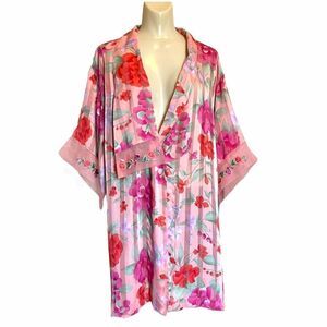 Vintage VS Embroidered Floral Satin Chiffon Sheer Stripe Kimono